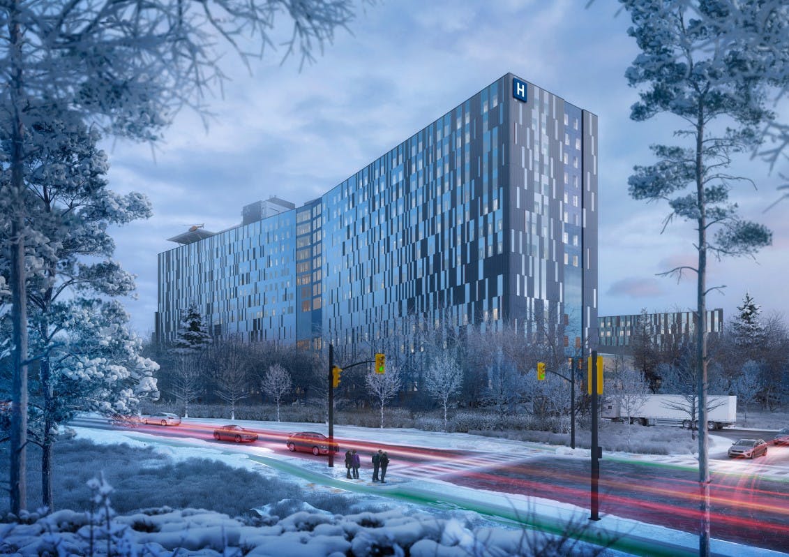 Winter rendering of the main hospital building viewed from the intersection of Prince of Wales Drive and future Road B.