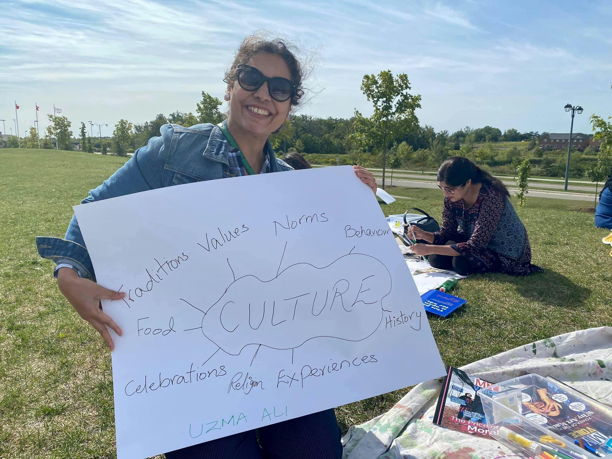 Uzma showing a word cloud - the word culture surrounded by its meanings i.e. food, traditions, values. 