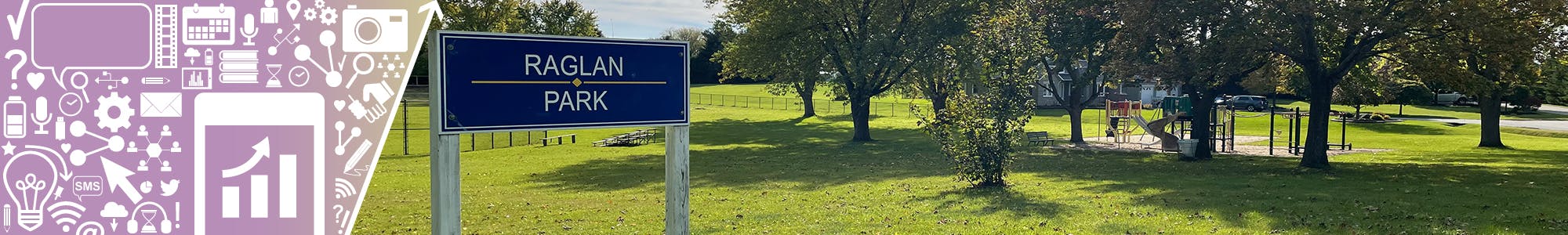 Image of Raglan Park sign at the forefront with the currently park playground and trees in the background