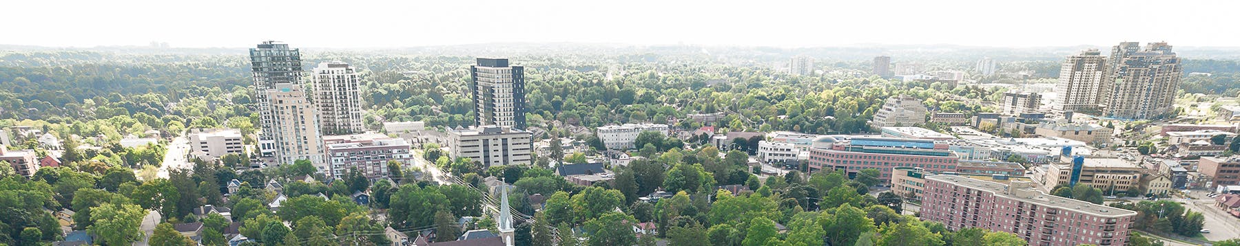 Uptown Waterloo aerial photo of high rise, mid rise and low rise buildings.