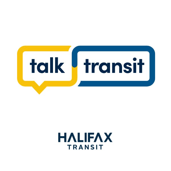 One yellow and one blue speech bubble overlap. They read "Talk Transit" and hover over the Halifax Transit logo.