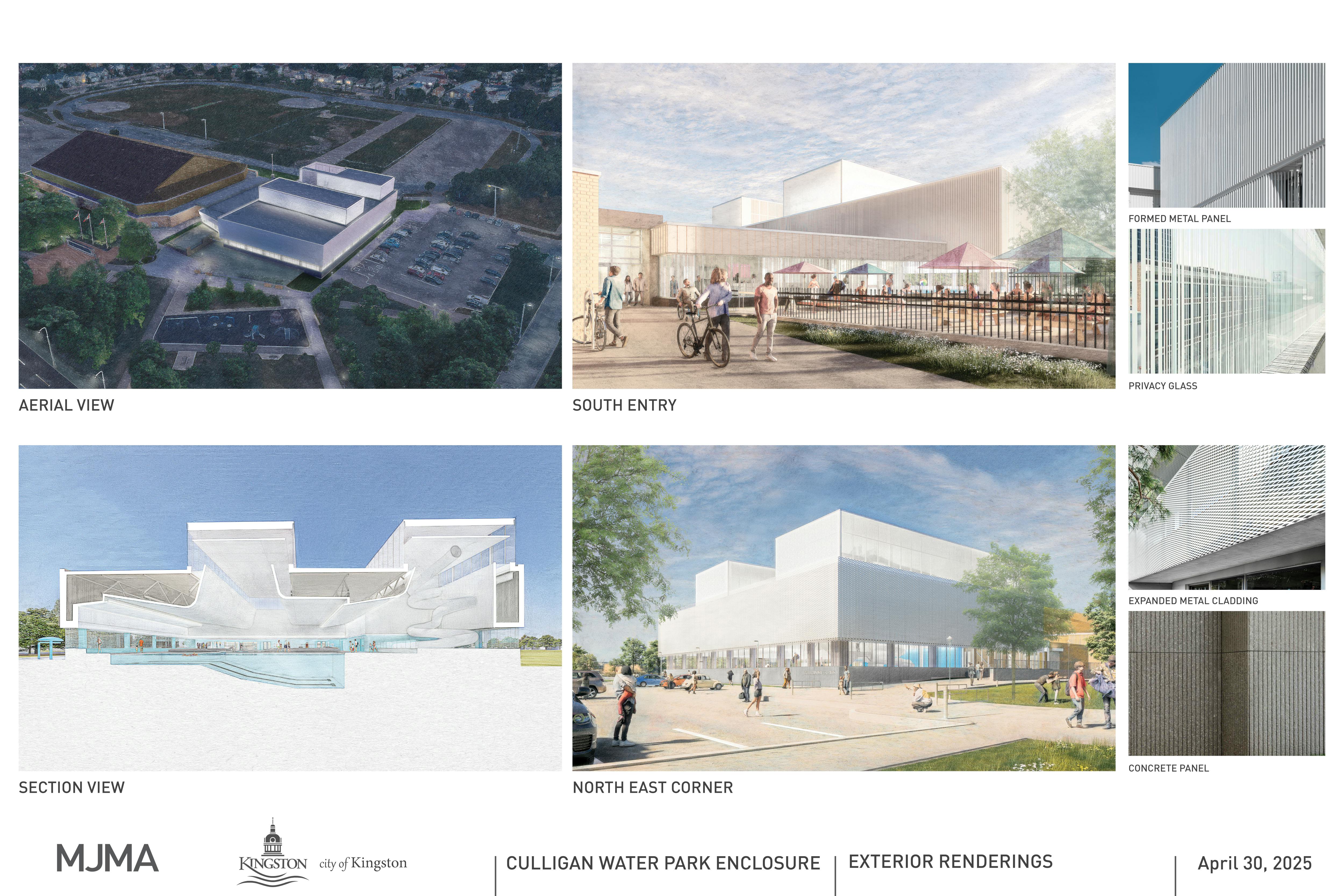 Rendering show what the Culligan Water Park will look like from several exterior angles as well as detail images for potions of the roof materials.