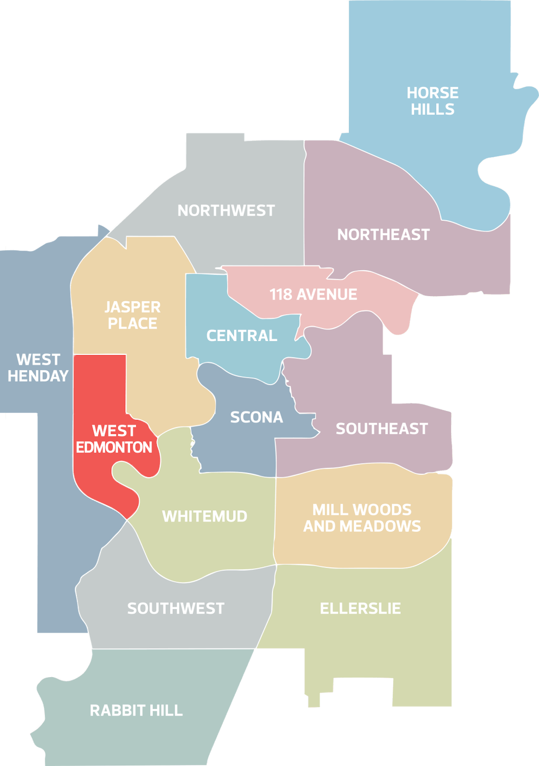 Highlighted West Edmonton district within image of all 15 Edmonton districts