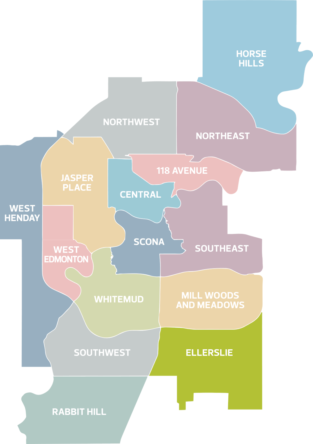 Highlighted Ellerslie district within image of all 15 Edmonton districts