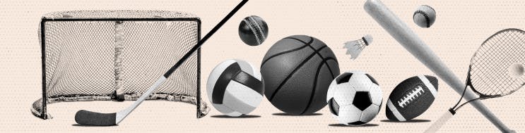 Black and white images of various sports equipment