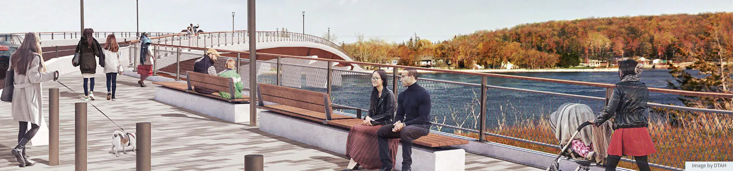 Digital rendering of proposed design, including pedestrian path leading up to the Trent River Crossing. Image by DTAH.