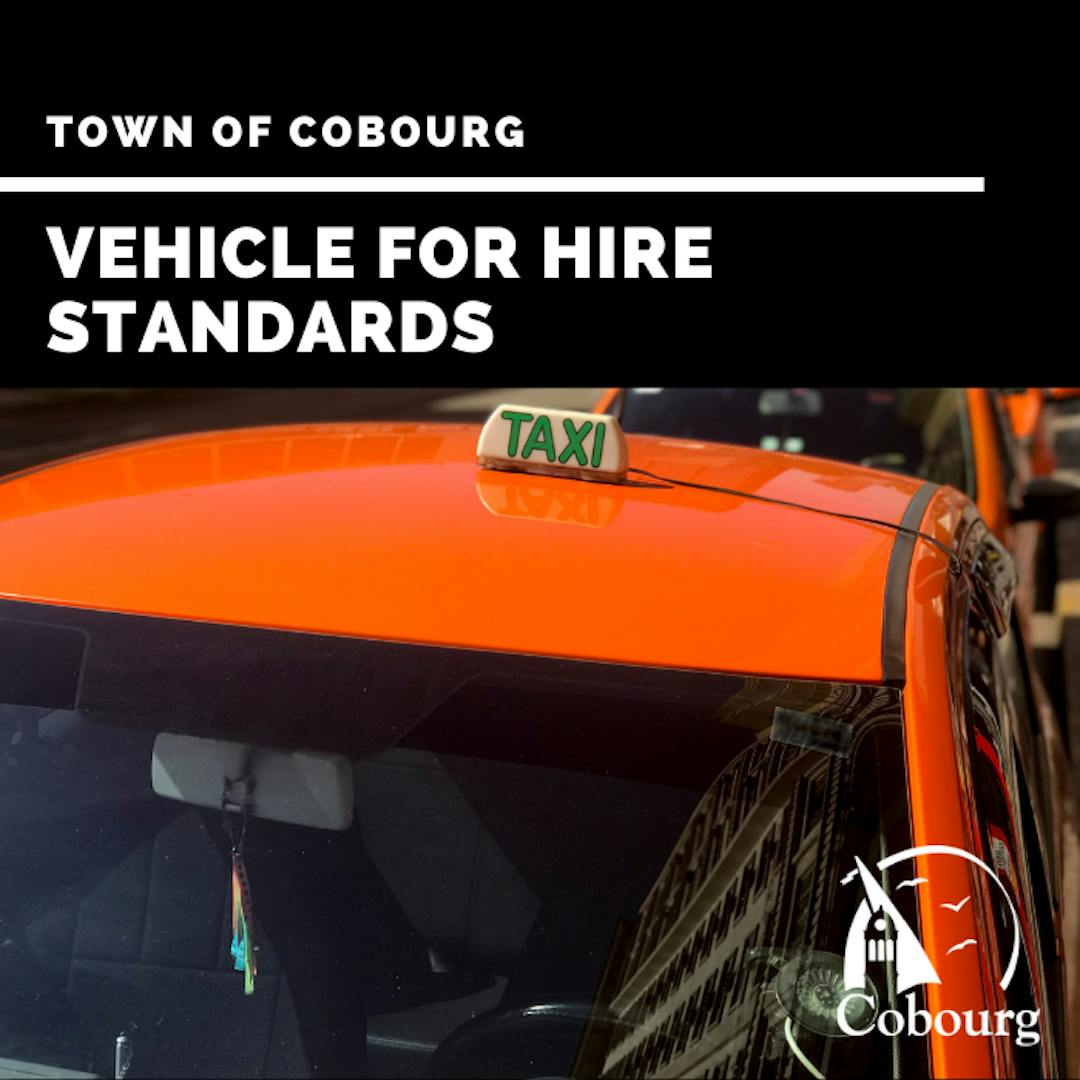 Project Cover poster showing photo of a taxi cab with title Vehicle For Hire Standards