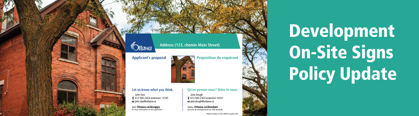 On-site development sign in front of an old brick house in Ottawa.