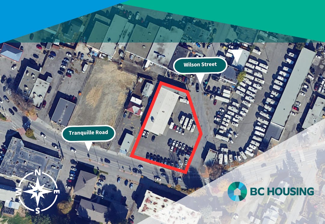 Aerial view of a BC Housing project site outlined in red, located near Tranquille Road and Wilson Street.