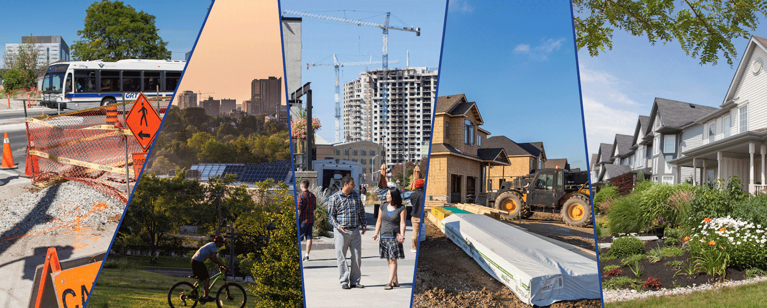 Image of road and home construction. People walking down the street and a cyclist with city skyline in background. 