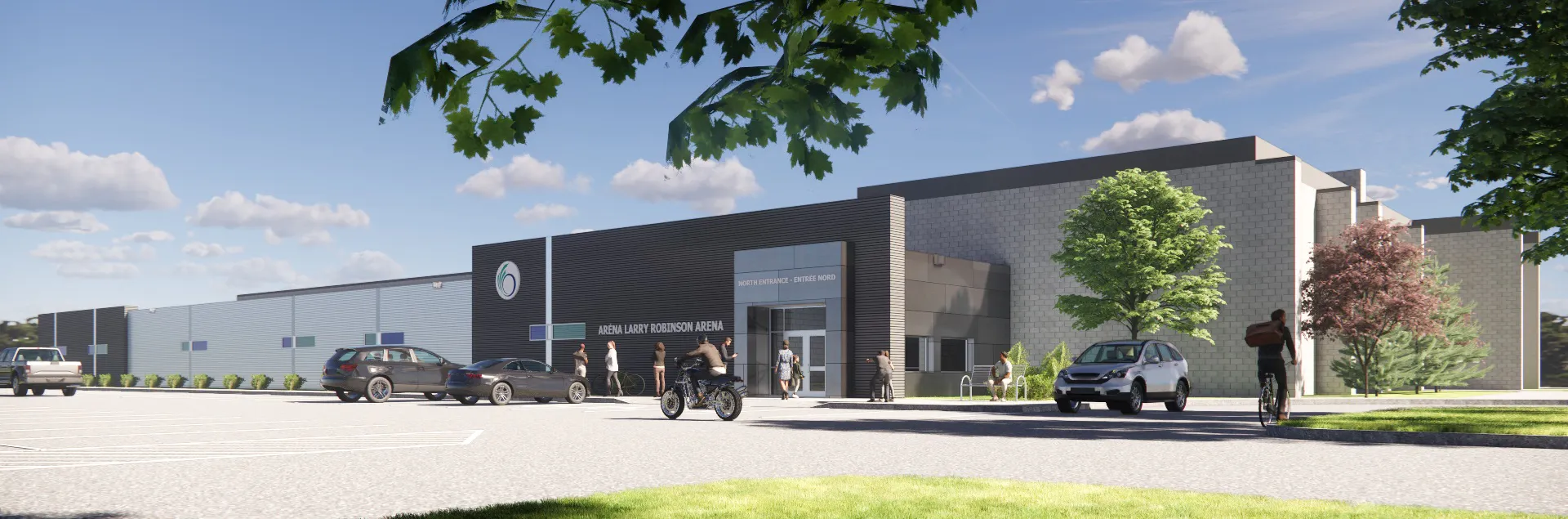 Artist rendering of the new addition to the Larry Robinson arna, showing people standing outside the new facility