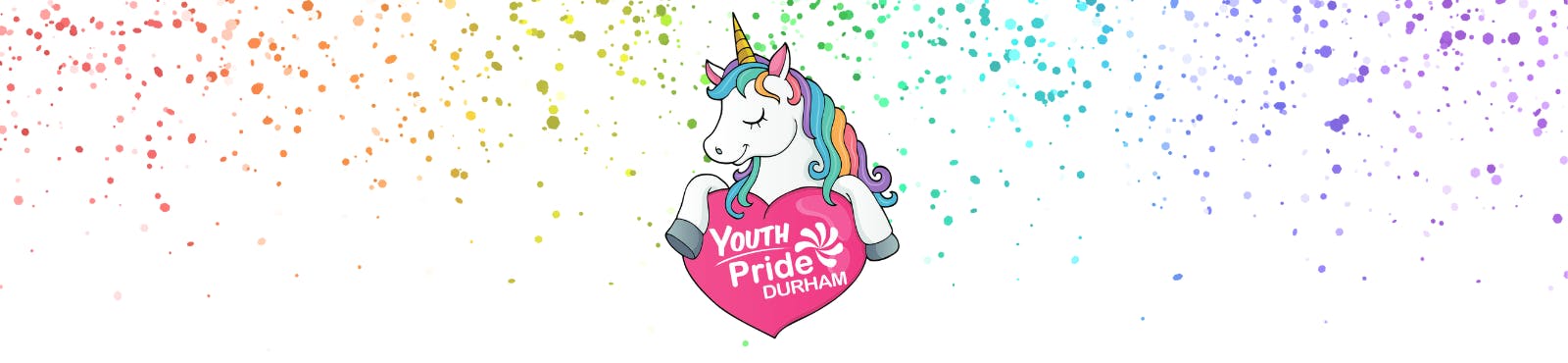A background with rainbow glitter and the Youth Pride Durham unicorn logo