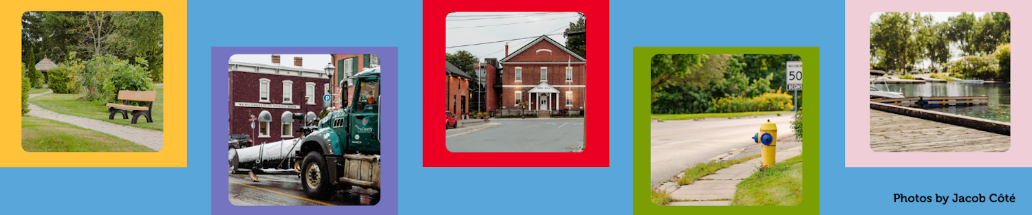 Collage of images. From left to right, a park, a snowplow, Shire Hall, a road with a fire hydrant, a dock and water