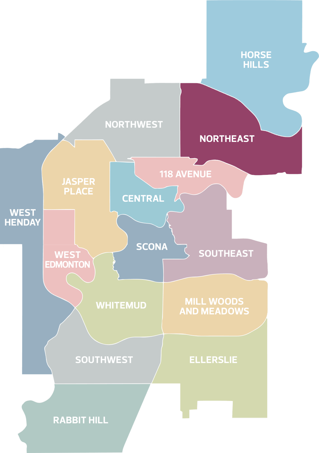 Highlighted Northeast district within image of all 15 Edmonton districts