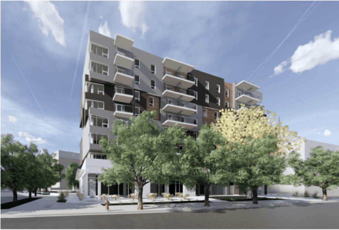 A rendering of a white and grey apartment building surrounded by trees.