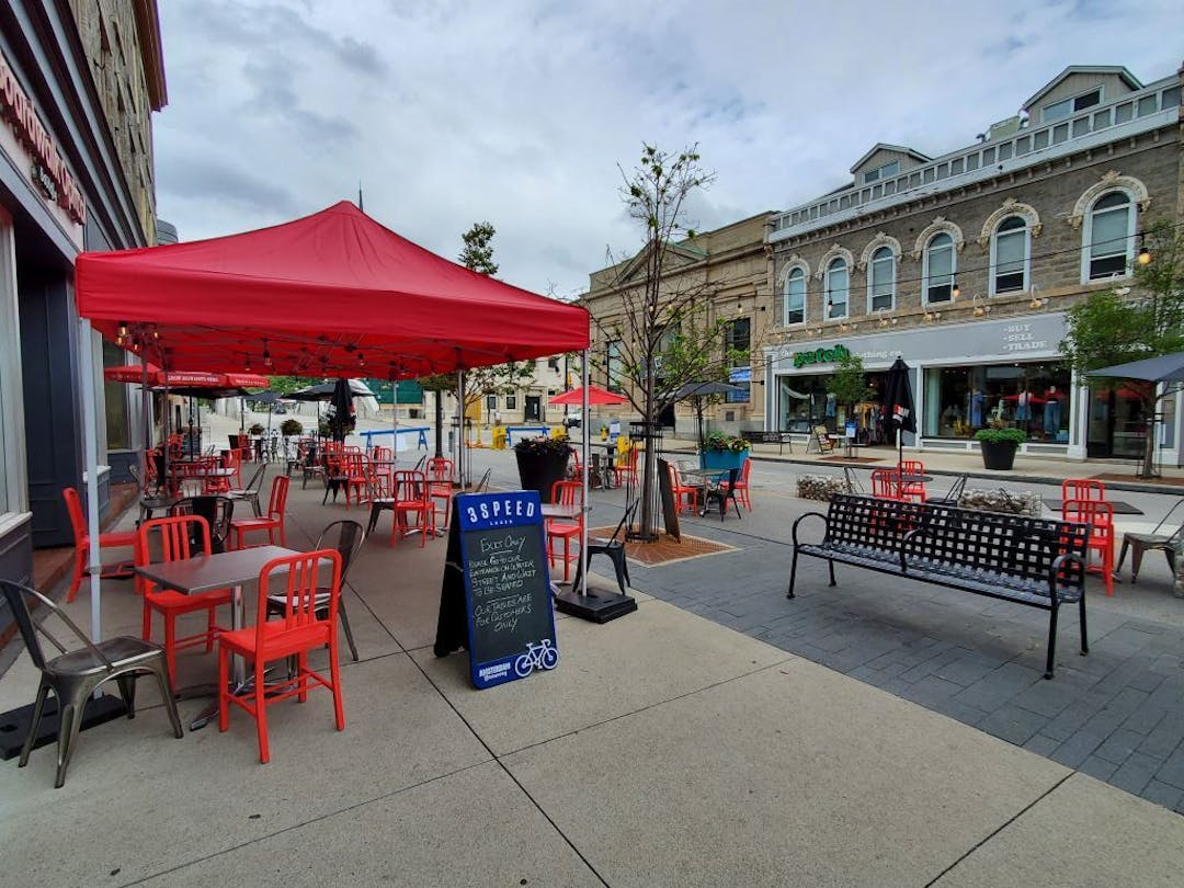 A patio set up along Main Street in Downtown Cambridge