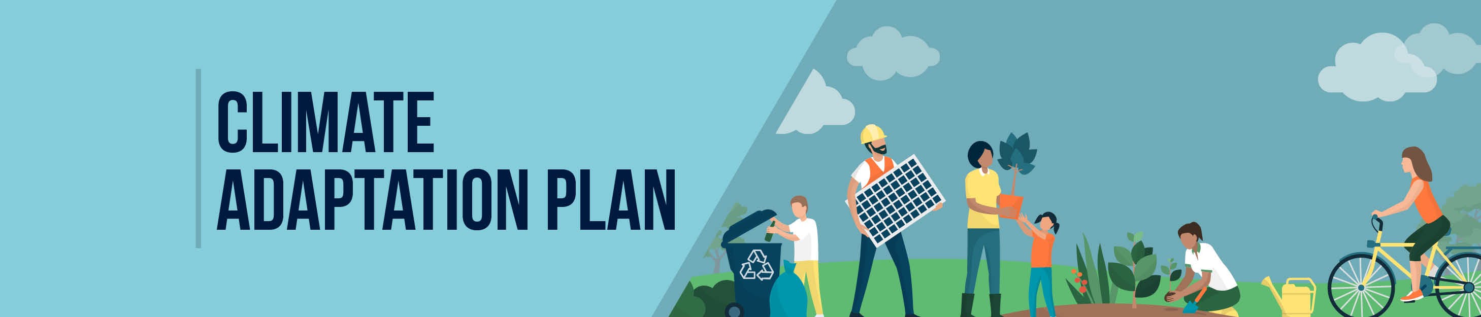 Illustration of people doing various activities outdoors - man recycling, family planting, woman cycling & construction worker carrying solar panel