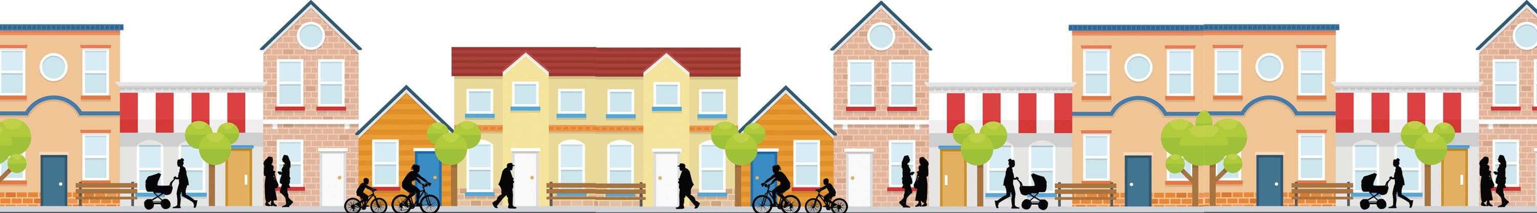 Illustration of pedestrians in front of housing and stores.
