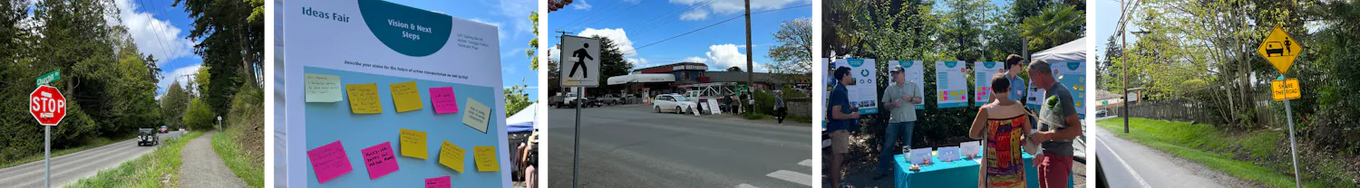 street with bike lane; notes on a sign board; crosswalk and parked cars; ideas fair people; street with shared road sign