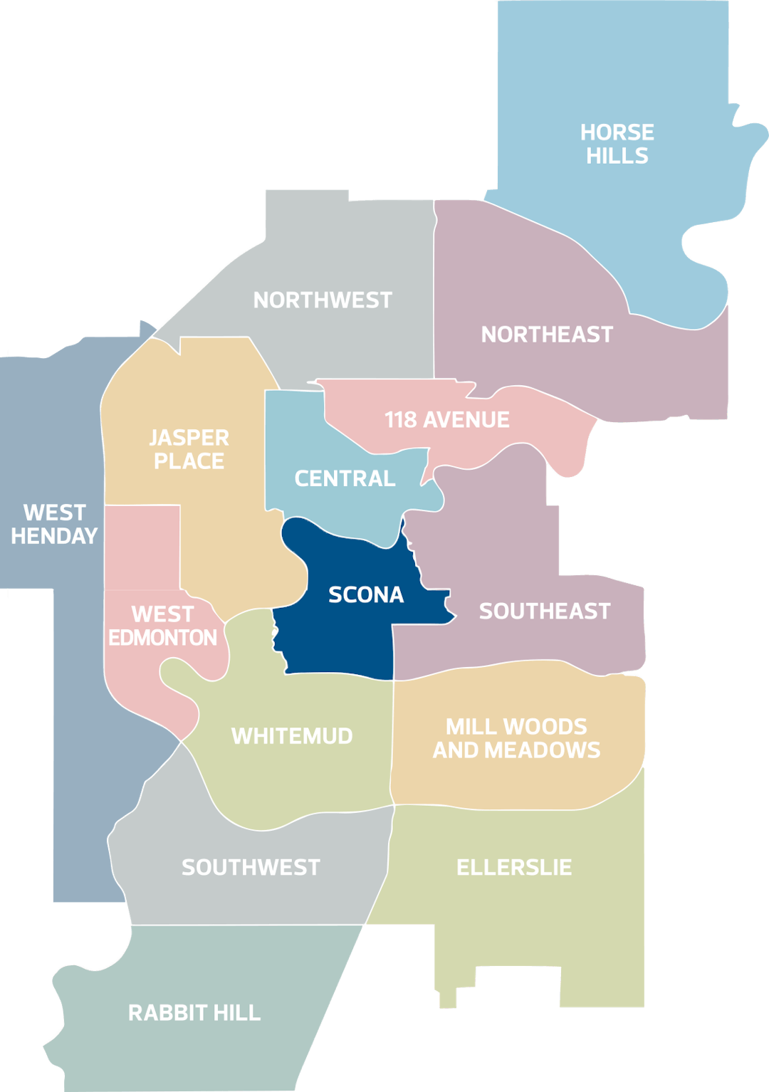 Highlighted Scona district within image of all 15 Edmonton districts