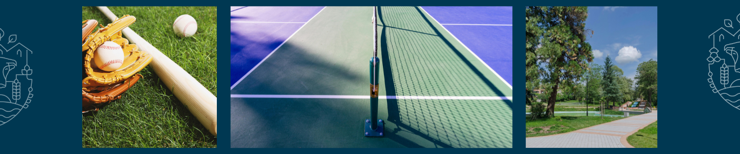 Picture of baseball equipment, tennis court, sidewalk and trail