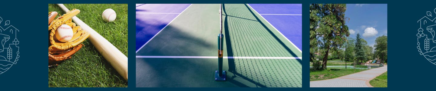 Picture of baseball equipment, tennis court, sidewalk and trail