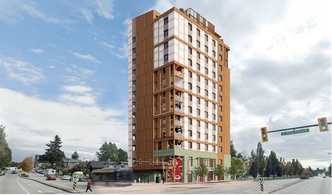 Illustrative multi-storey building rendering, street view with landscaping and people walking by.