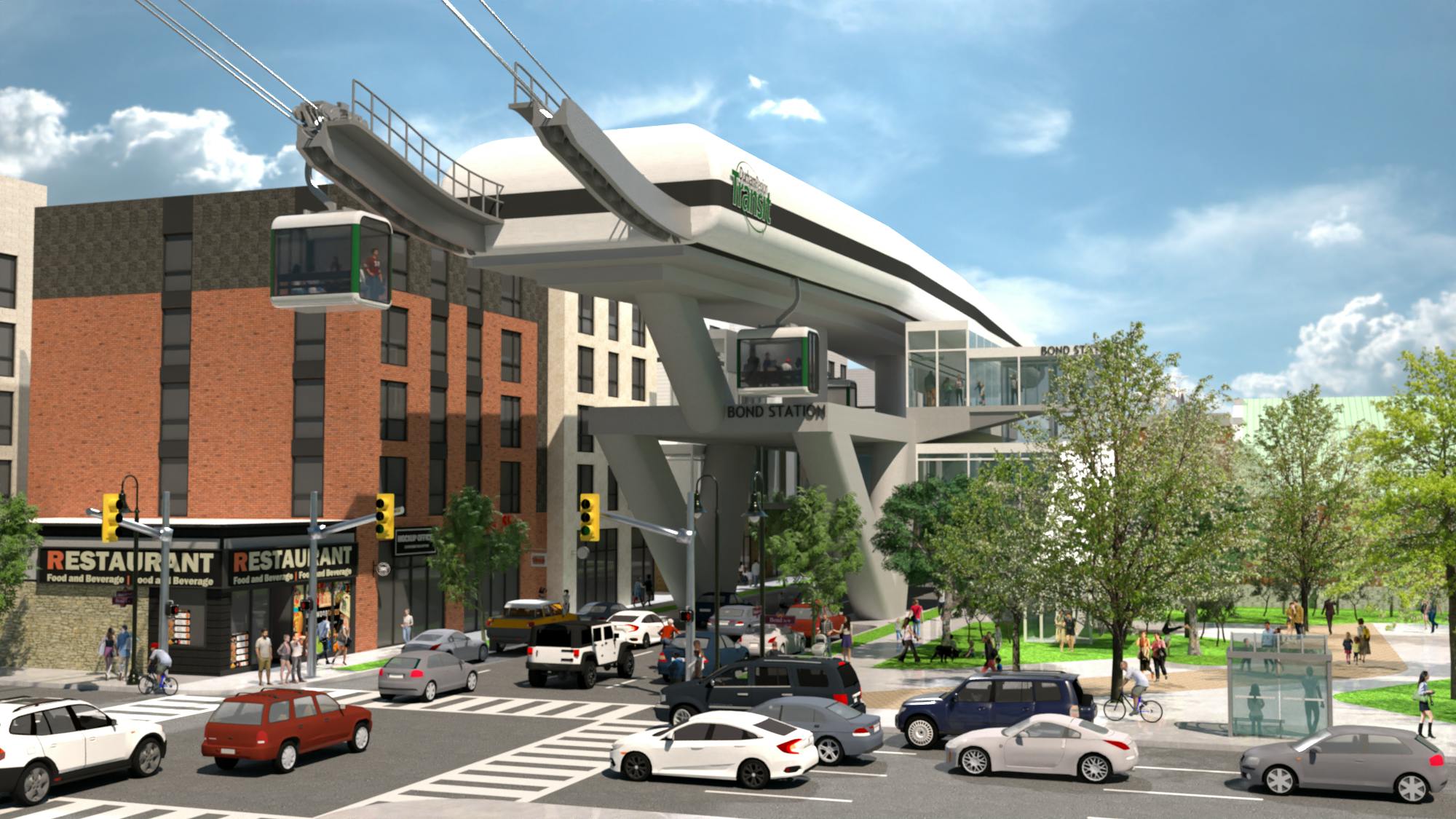 Graphic rendering of an Aerial Cable Car transit station at the corner of Bond Street and Simcoe Street in Oshawa. 