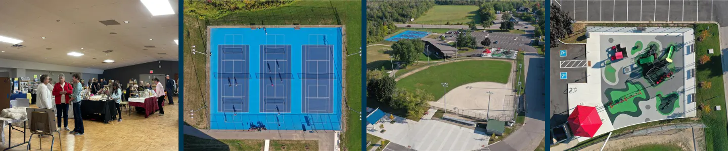 Four-panel banner showcasing community hall, tennis courts, baseball diamond and playground.