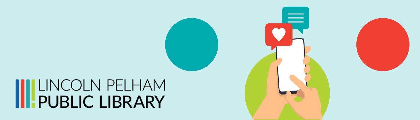 Lincoln Pelham Public Library logo on a light blue background with a hand holding a phone with hearts and speech bubbles. 