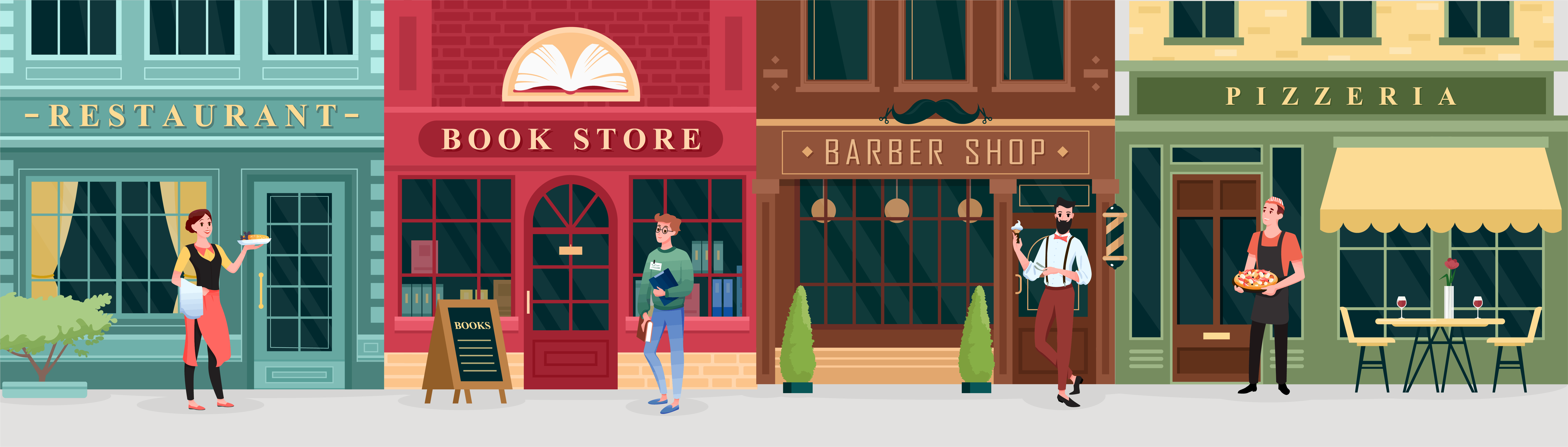 Digital illustration of downtown with restaurant, book store, barber shop and pizzeria