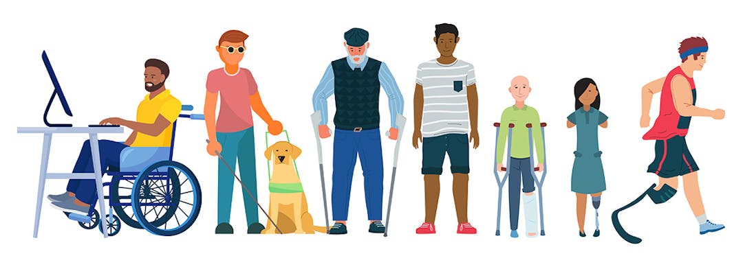 A graphic illustration shows people with different disabilities standing in a row. 