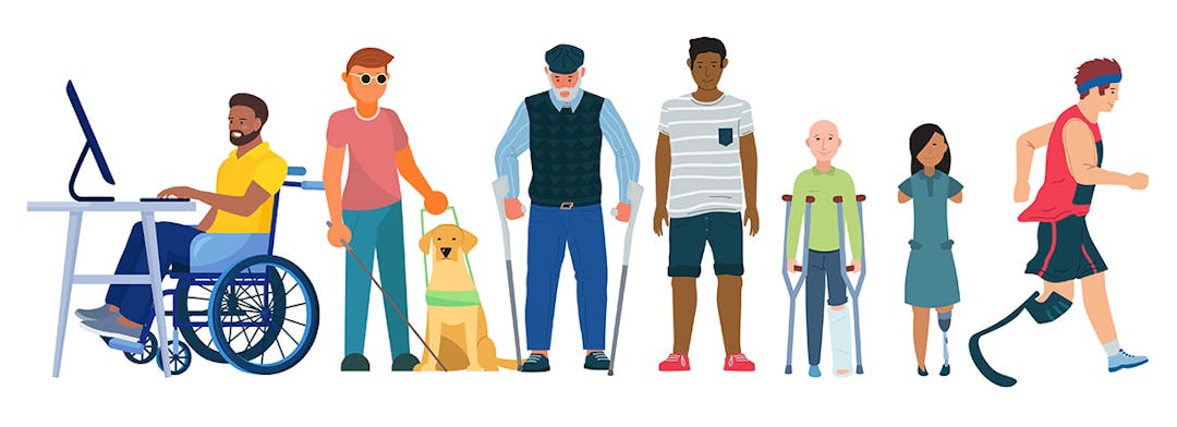A graphic illustration shows people with different disabilities standing in a row.