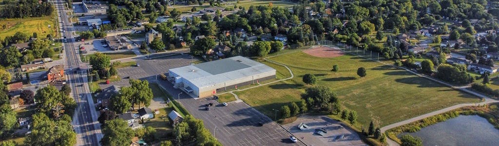 Aerial view of the Stroud Arena and Community Centre in Innisfil