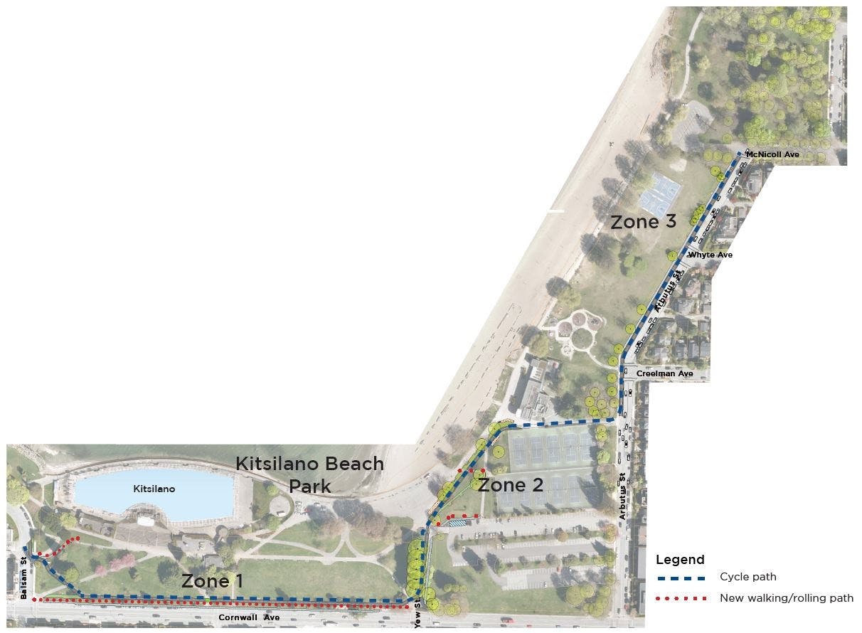 Aerial view map of Kitsilano Beach Park showing the proposed cycle path route.