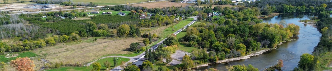 Aerial photo of River Road along the Moira River.