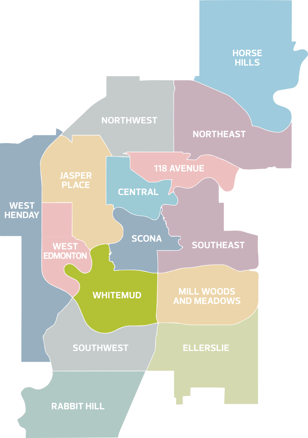 Highlighted Whitemud district within image of all 15 Edmonton districts