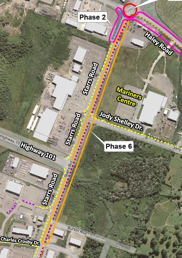 Map showing phases 6 & 7 with asphalt multi-use trail connecting Haley Road to Pleasant Street on Starrs Road. Work for this phase is planned for 2022-23.