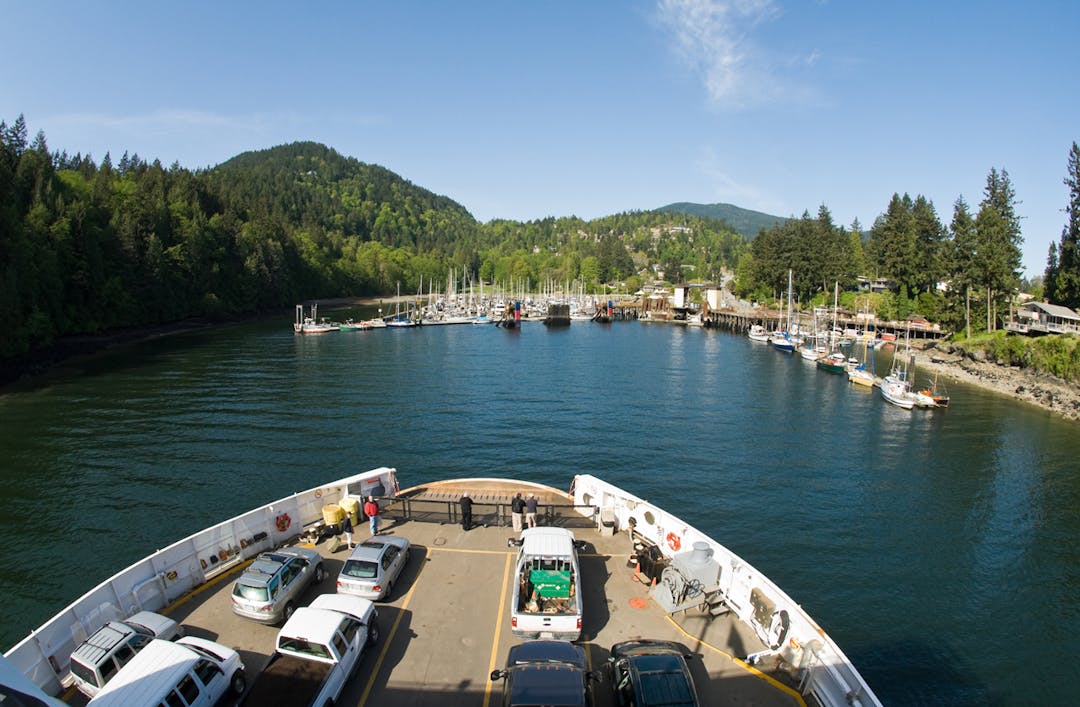 Image from upper deck of ferry docking in Snug Cove