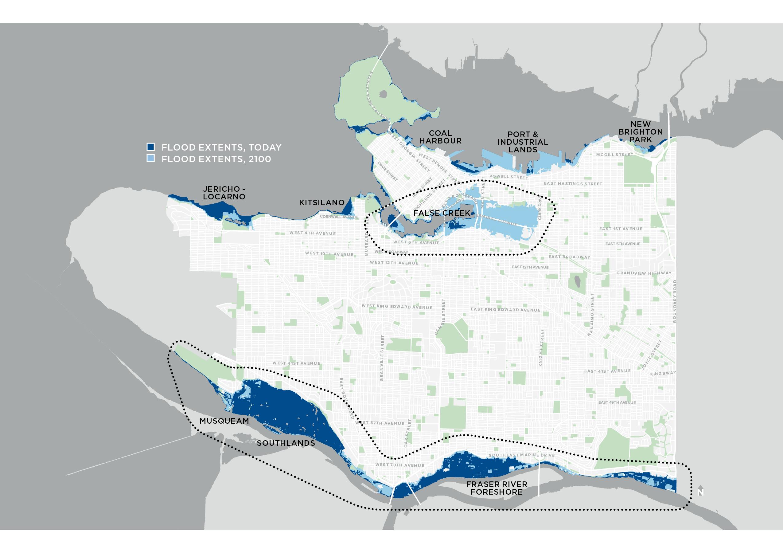 Vancouver’s coastal floodplain today and in 2100. The dark blue indicates the areas vulnerable to a major storm. The dark and light blue, together, indicate the areas that are vulnerable to a major storm and 1.0 m of sea level rise.
