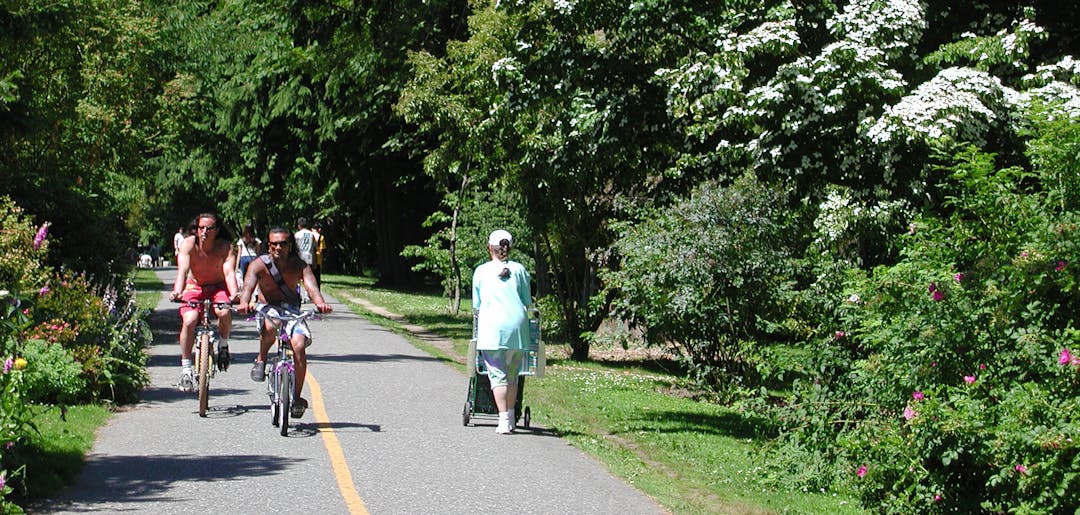 Cyclists and person pushing stroller on multi-use path in park
