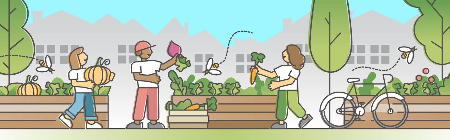 Illustrated image of people in a garden.