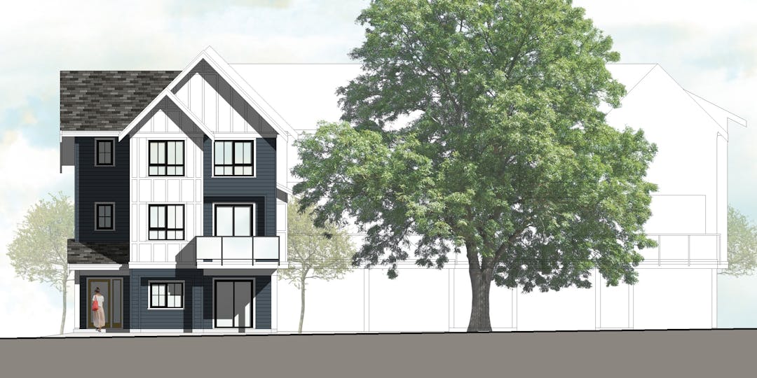 Rendering of six family-friendly stratified townhouse units.