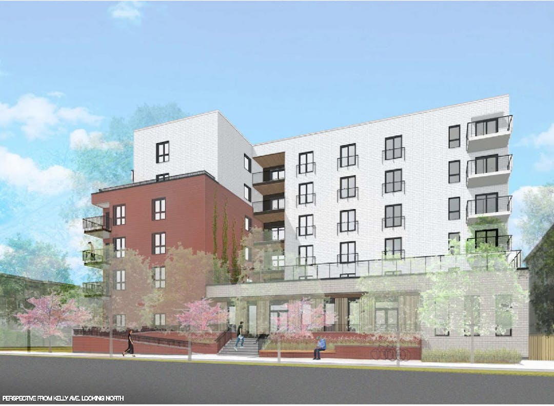 Illustration of multistory building with a white and red facade