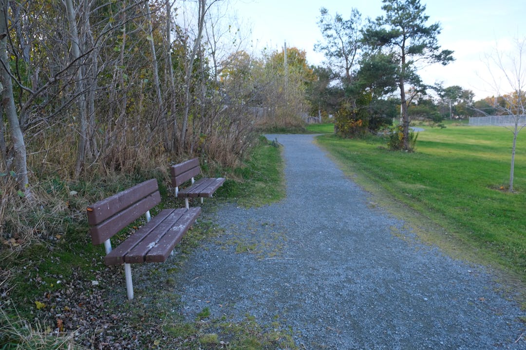 Two benches beside a gravel trail facing a grassy field