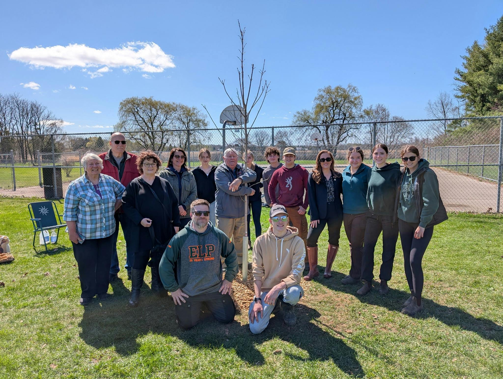 Students, volunteers and Council members surround a new tree planted in Crystel Park