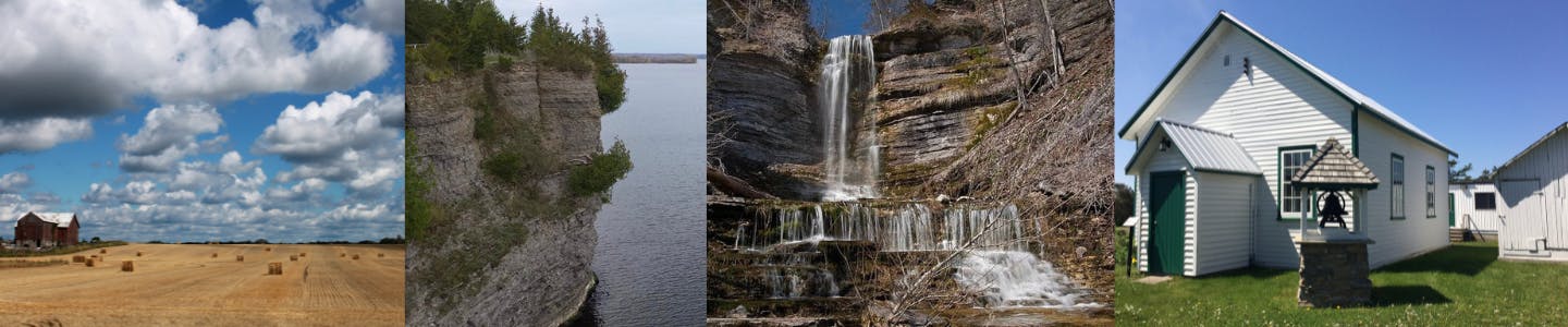 Collage of various Prince Edward County sites including a field, Little Bluff, a waterfall, and a heritage museum
