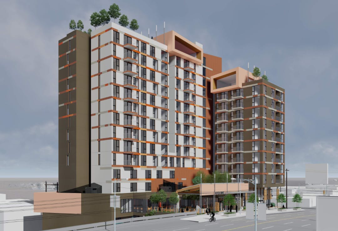 Rendering of a modern 13-storey high-rise building 