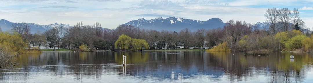 View of Trout Lake, trees and the North Shore mountains, including the Two Sisters, taken from the south beach of Trout Lake