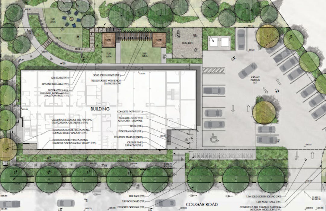 Illustrative rendering, birds-eye view of Cougar Road building site.